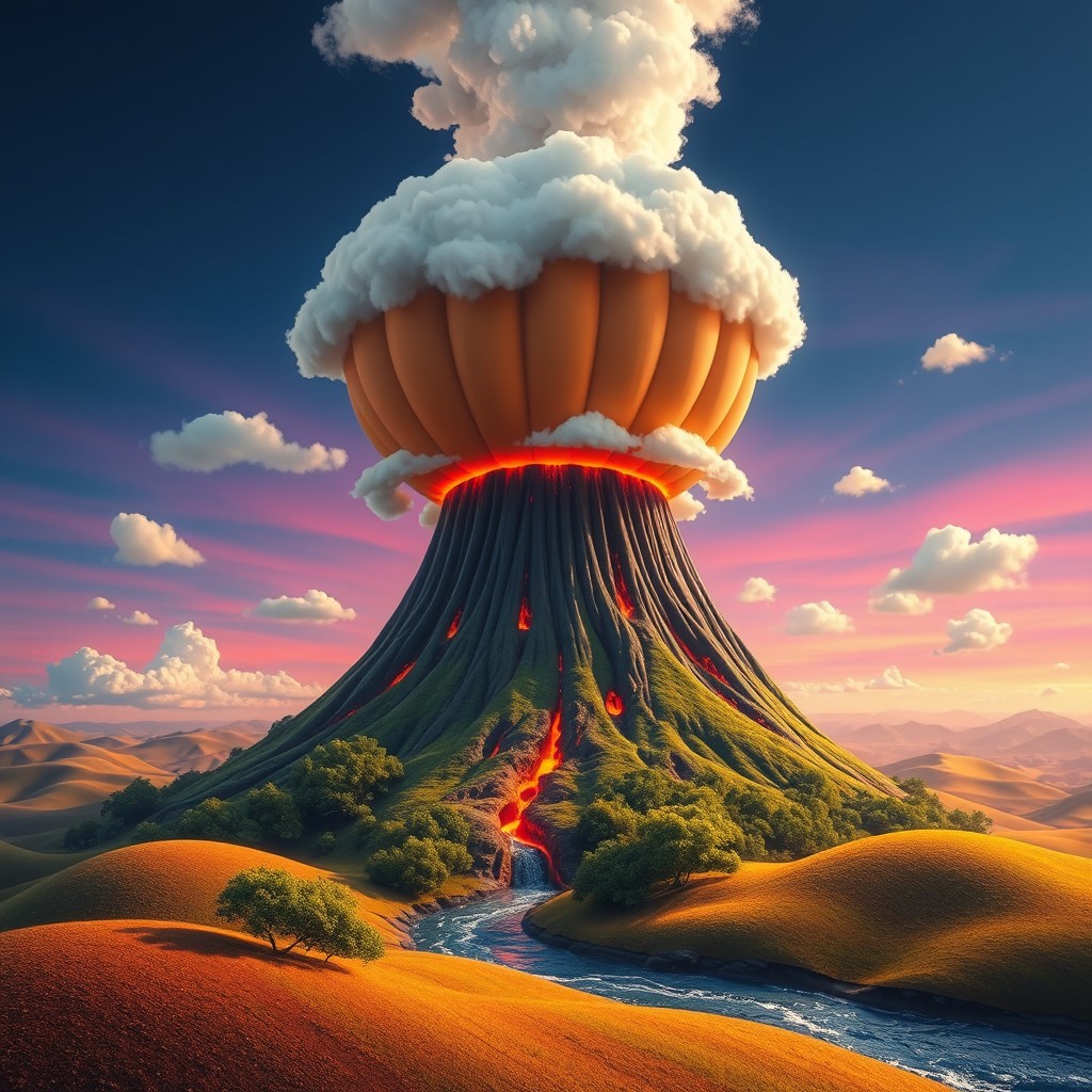 A surreal depiction of an inflated volcano, with vibrant, exaggerated colors
