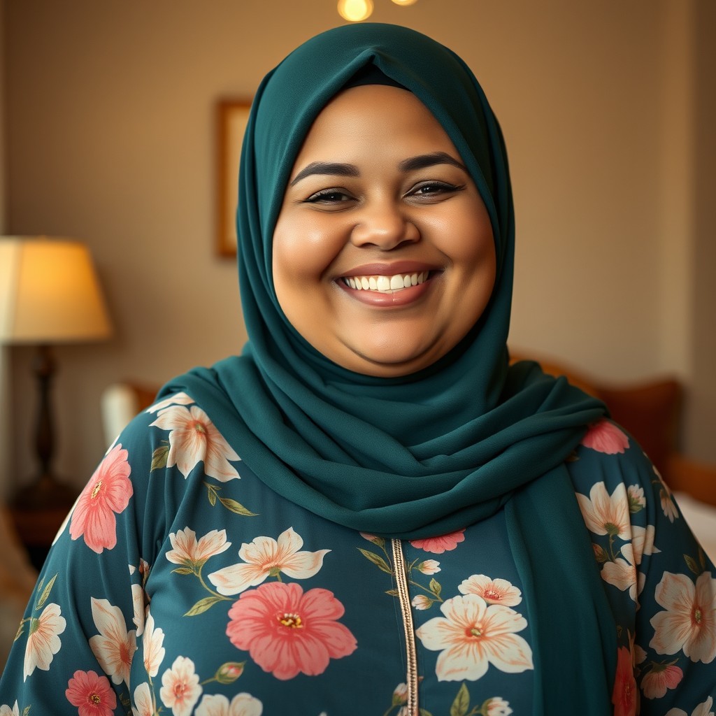 A cheerful plus-sized Caucasian woman with a bright smile