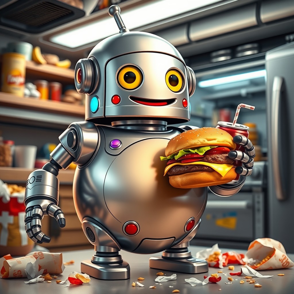 A humorous scene featuring a cartoonish robot that is amusingly growing fatter