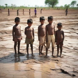 Group of children standing on the cracked earth of a dried-up pond