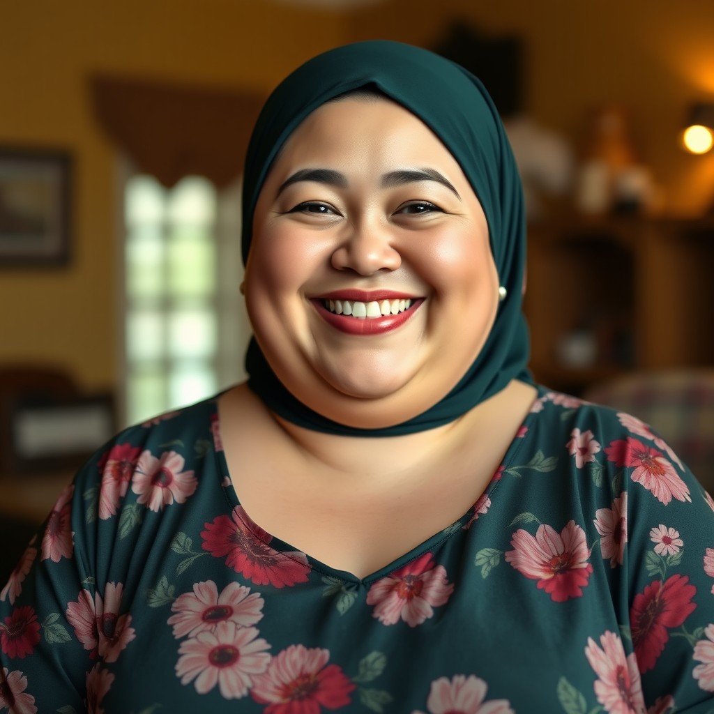 A cheerful plus-sized Caucasian woman with a bright smile