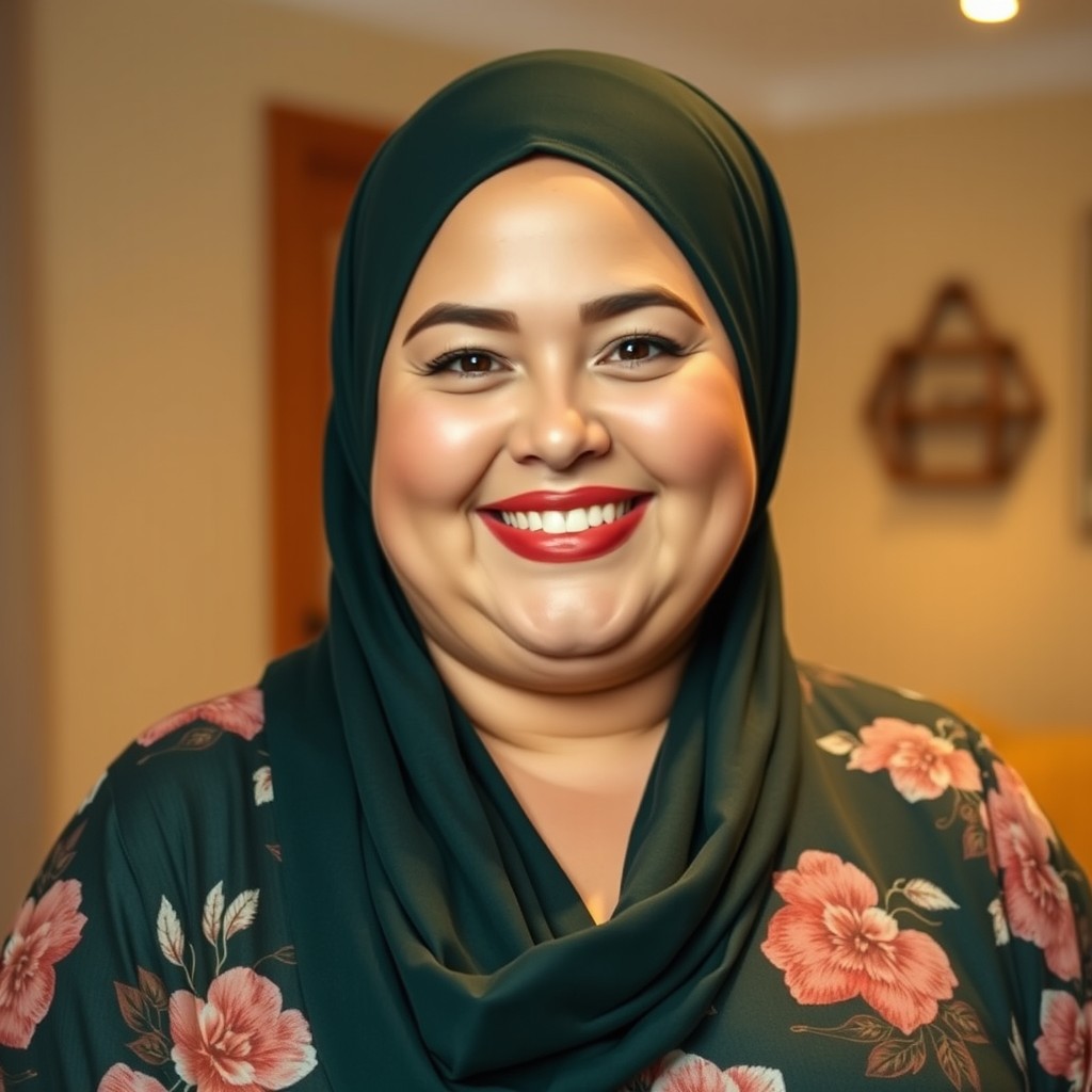 A cheerful plus-sized Caucasian woman with a bright smile