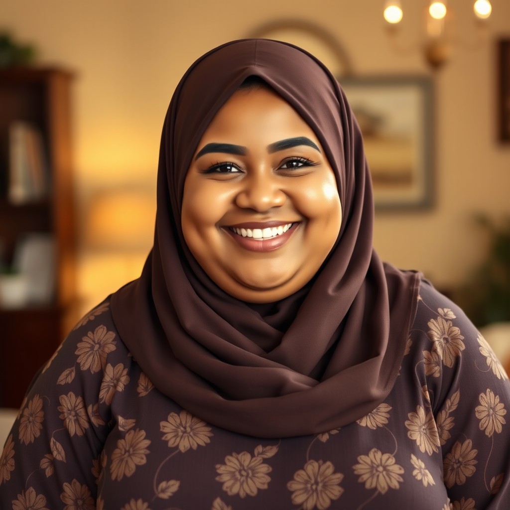 A cheerful plus-sized Caucasian woman with a bright smile