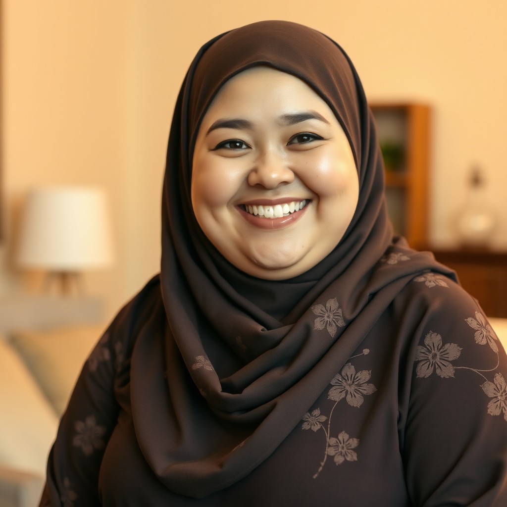 A cheerful plus-sized Caucasian woman with a bright smile