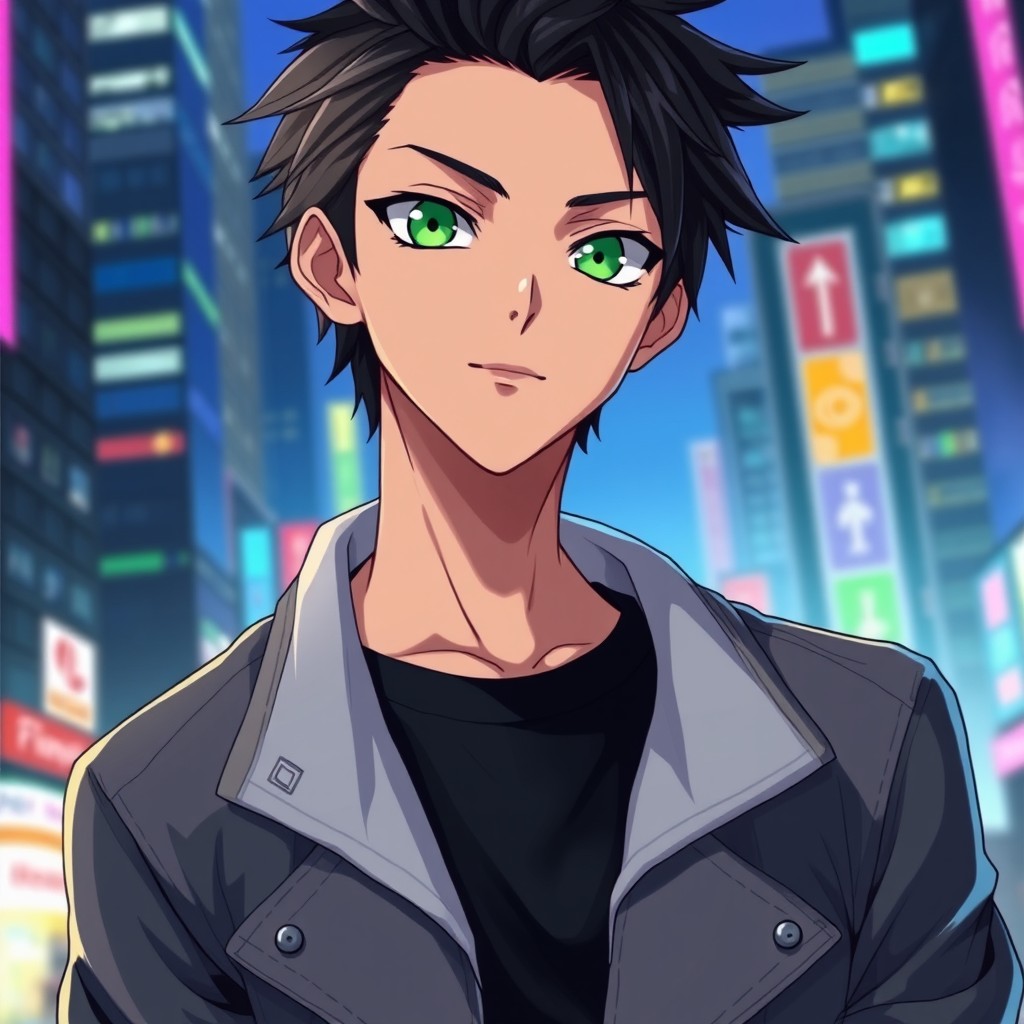 A handsome anime man with striking black hair and vivid green eyes, showcasing a confident expression