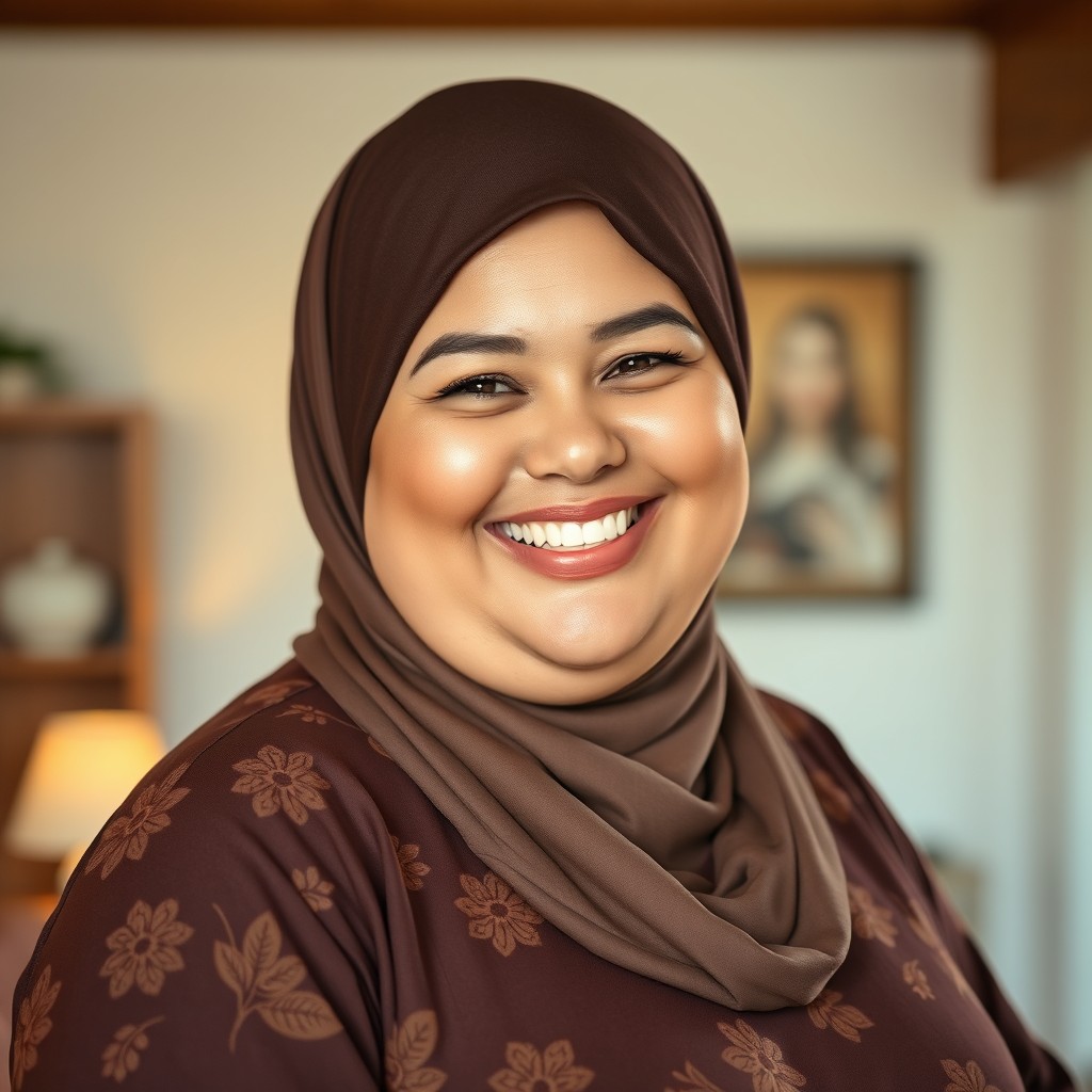 A cheerful plus-sized Caucasian woman with a bright smile