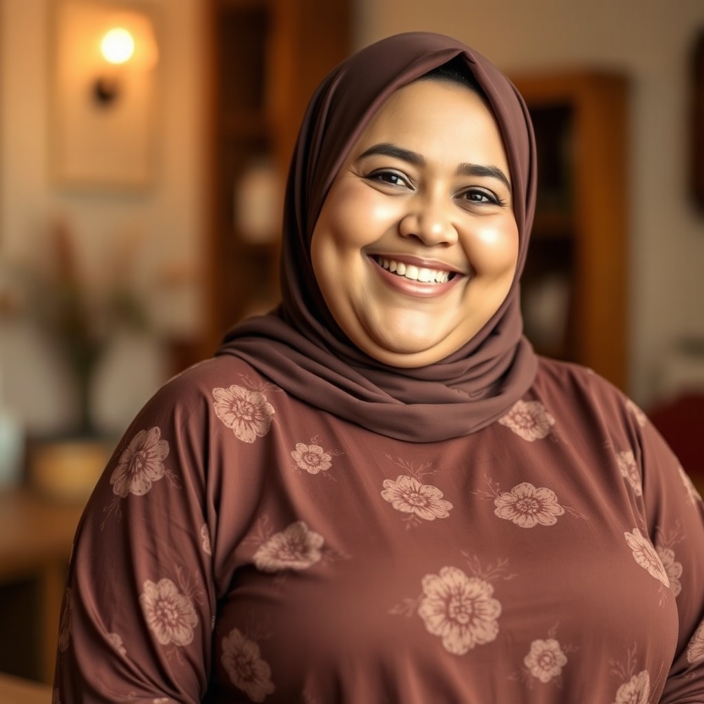 A cheerful plus-sized Caucasian woman with a bright smile