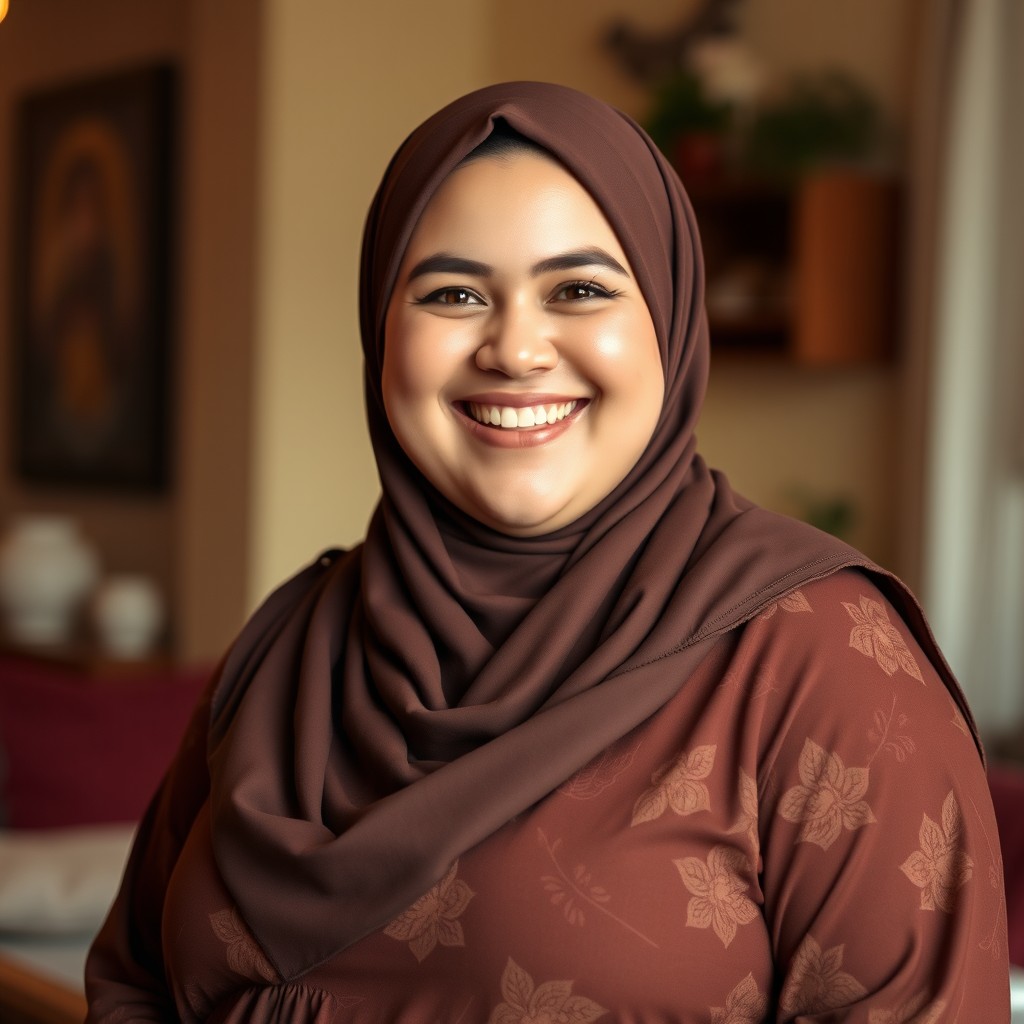 A cheerful plus-sized Caucasian woman with a bright smile