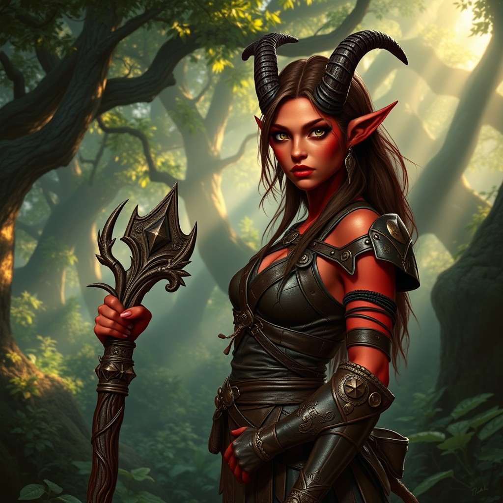A female Druid Tiefling with striking red skin, wearing detailed leather armor that showcases her unique features