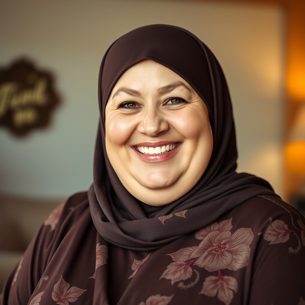 A cheerful 45-year-old plus-sized Caucasian woman with a bright smile