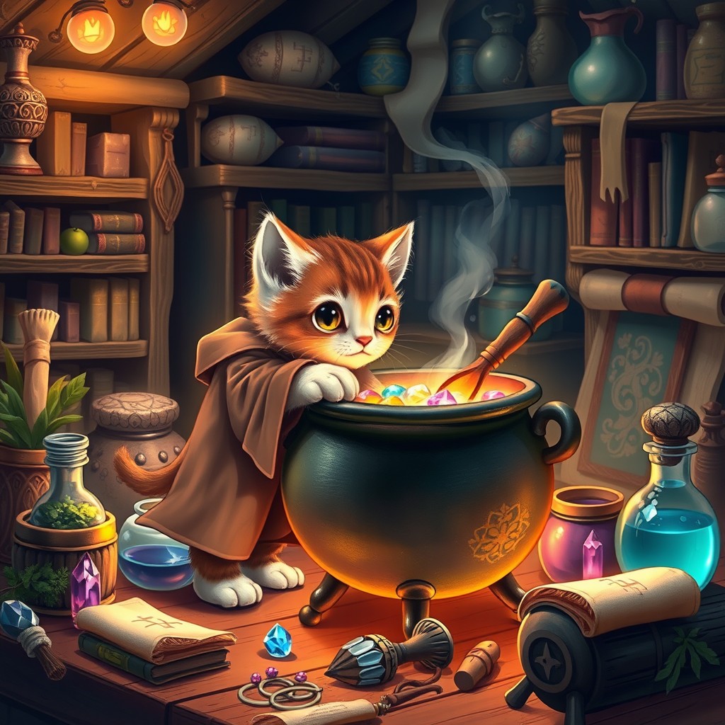 A whimsical scene depicting a cute, small kitten as an alchemist