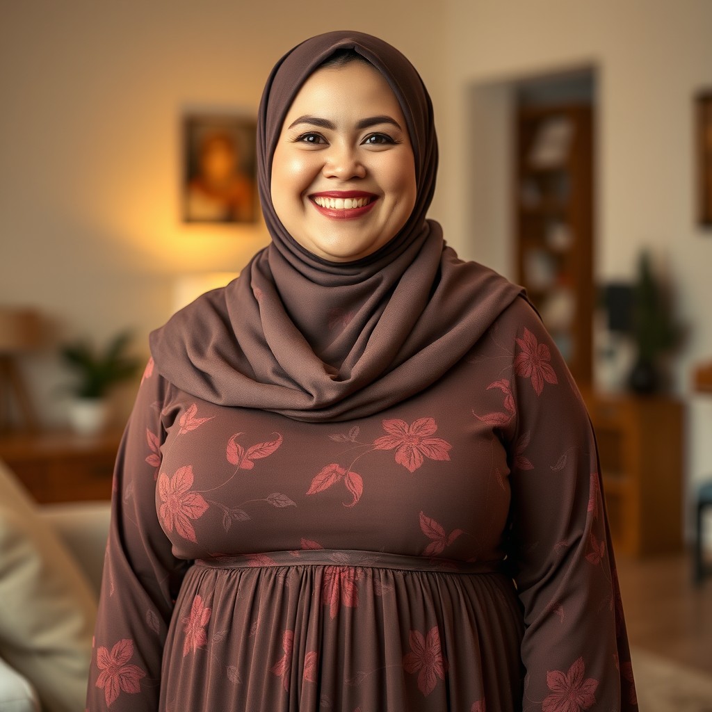 A cheerful 45-year-old plus-sized Caucasian woman with a bright smile