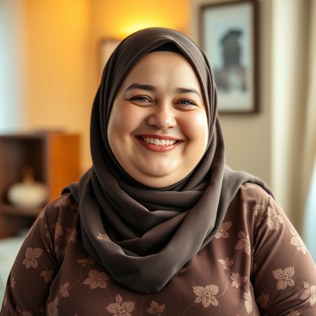 A cheerful 45-year-old plus-sized Caucasian woman with a bright smile