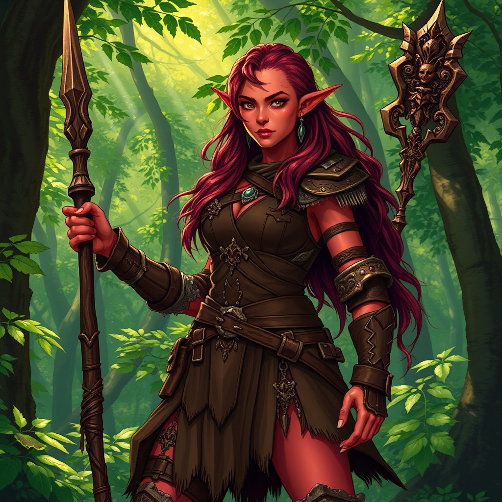 A full-body, illustrative depiction of a female Druid Tiefling with vivid red skin and dark red hair cascading down her shoulders