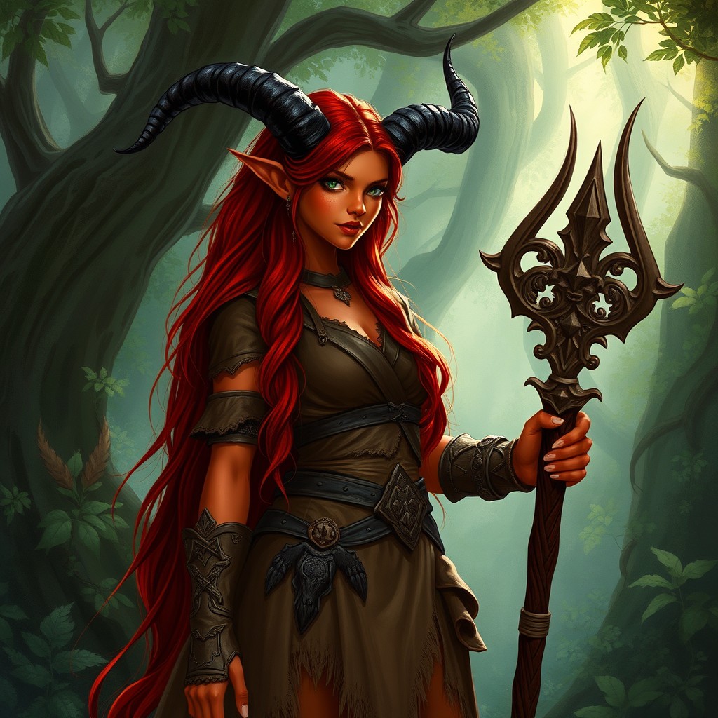 A full-body, illustrative portrayal of a female Druid Tiefling featuring striking red skin and long, dark red hair