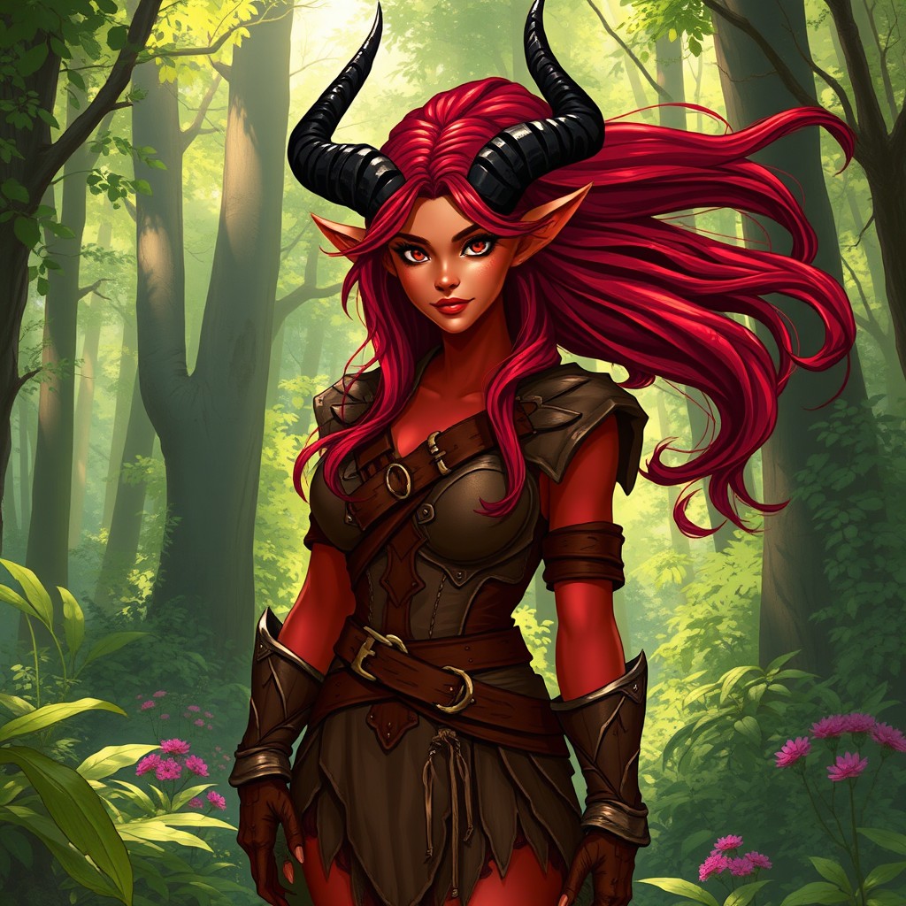 A full-body, illustrative representation of a female Druid Tiefling with striking red skin and flowing dark red hair