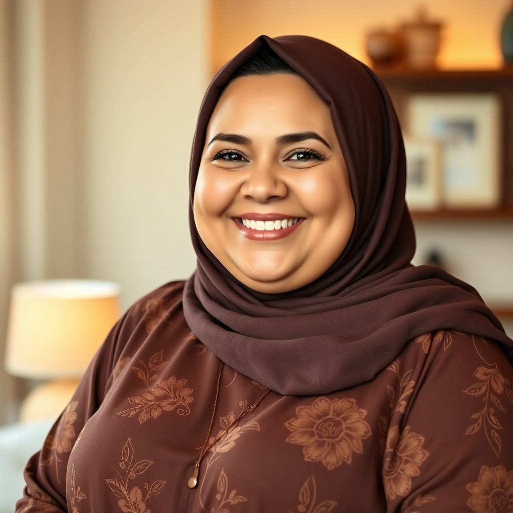 A cheerful 45-year-old plus-sized Caucasian woman with a bright smile