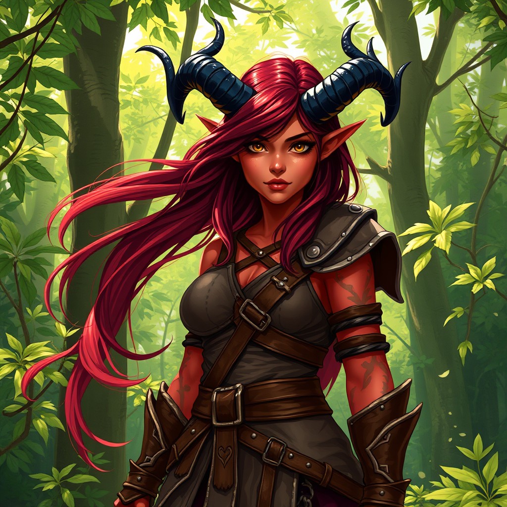 A full-body, illustrative representation of a female Druid Tiefling showcasing her unique features, including dark red skin and flowing dark red hair