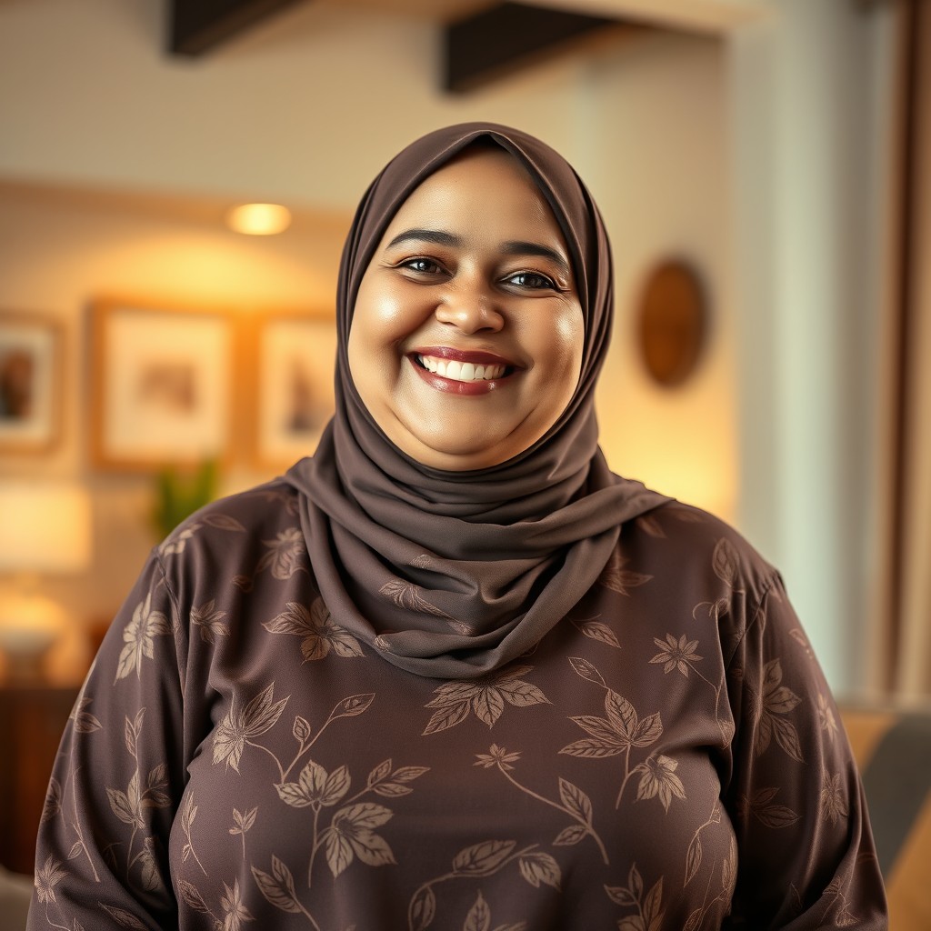 A cheerful 45-year-old plus-sized Caucasian woman with a bright smile