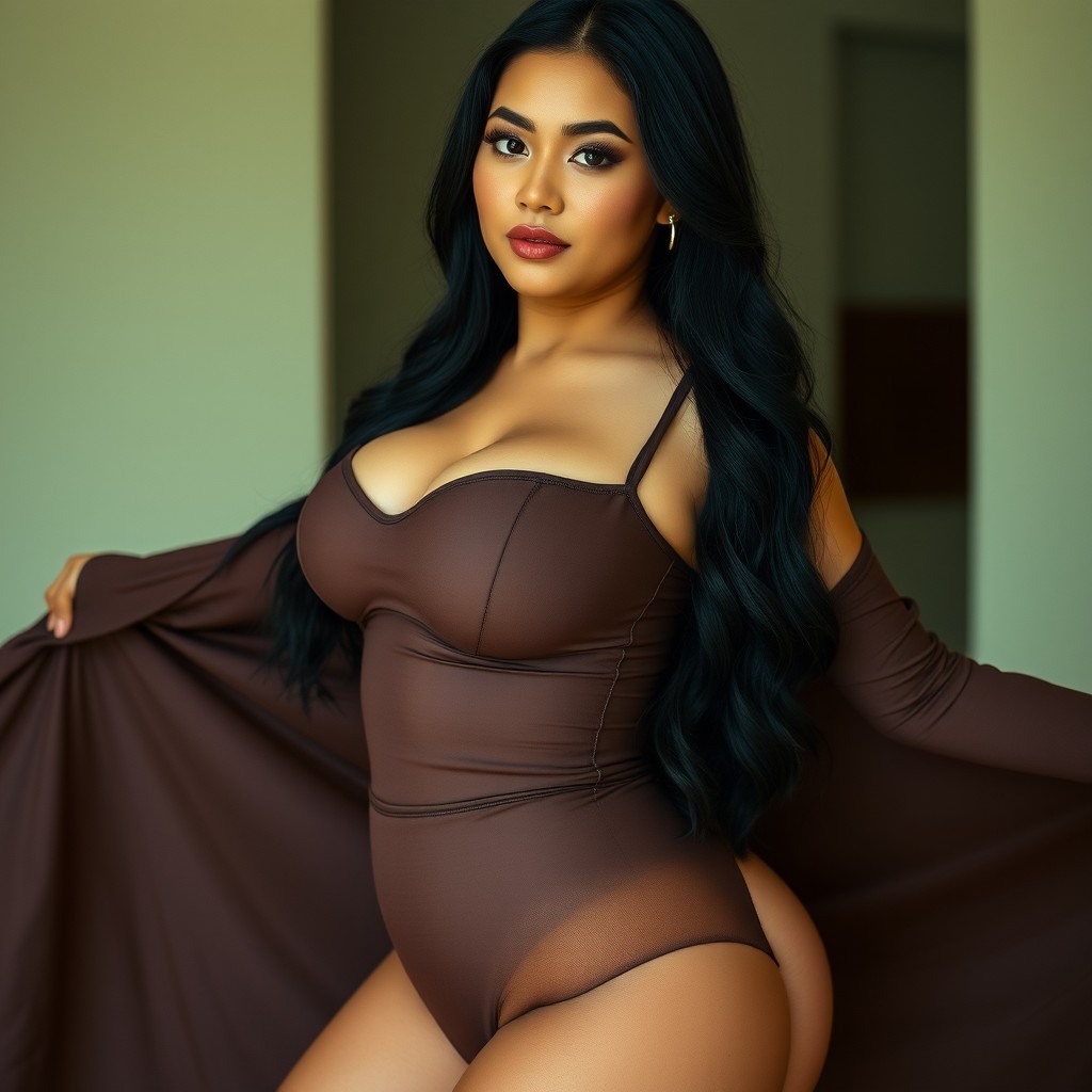 A beautiful Indonesian woman with yellowish skin, long black hair, and a curvy, voluptuous body