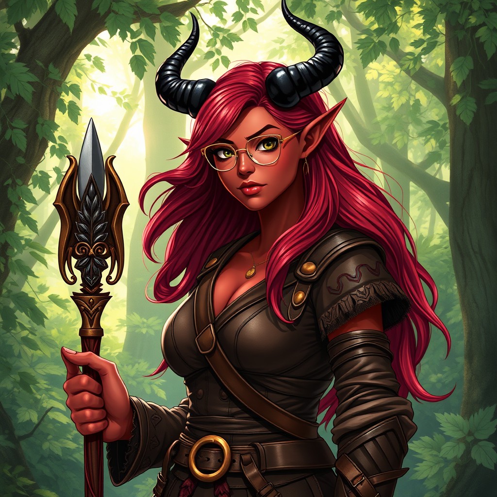 A full-body, illustrative depiction of a female Druid Tiefling showcasing her mesmerizing features: dark red skin and long, flowing dark red hair