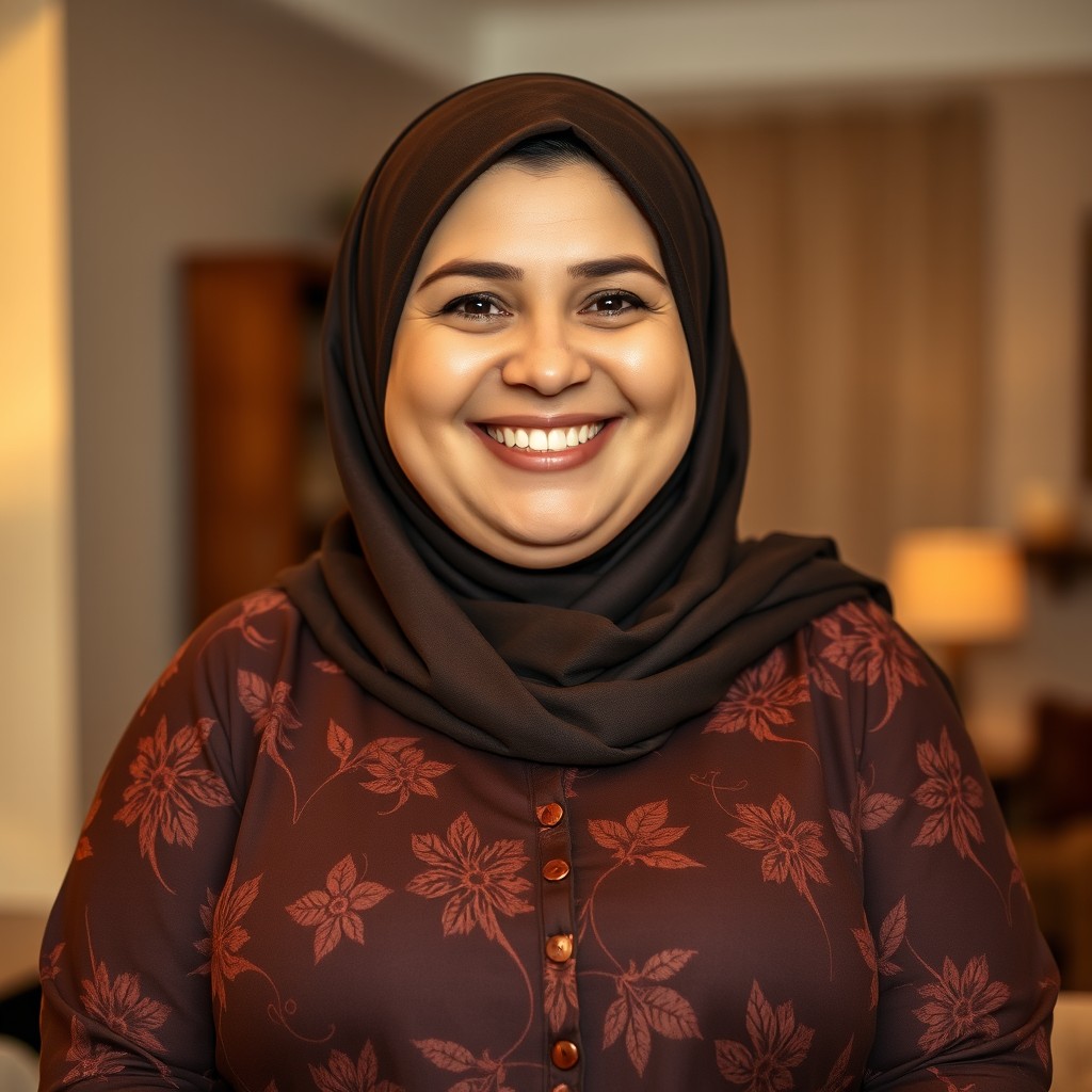 A cheerful 45-year-old plus-sized Caucasian woman with a bright smile