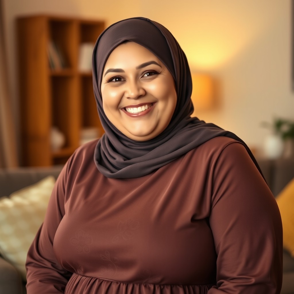 A cheerful 45-year-old plus-sized Caucasian woman with a bright smile