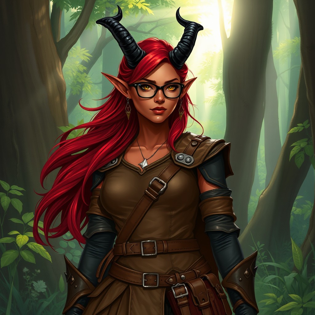 A full-body, illustrative portrayal of a female Druid Tiefling characterized by her striking dark red skin and flowing dark red hair