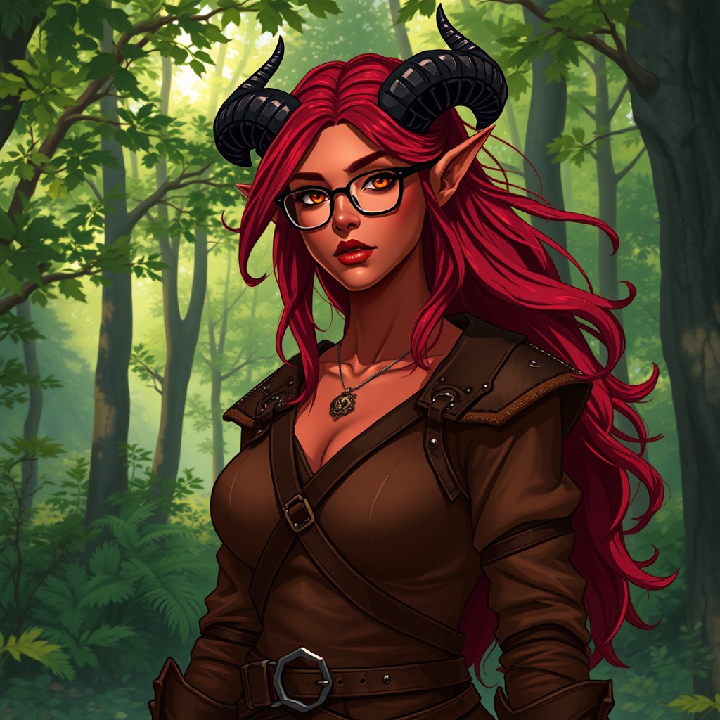 A full-body, illustrative depiction of a female Druid Tiefling with captivating dark red skin and flowing dark red hair