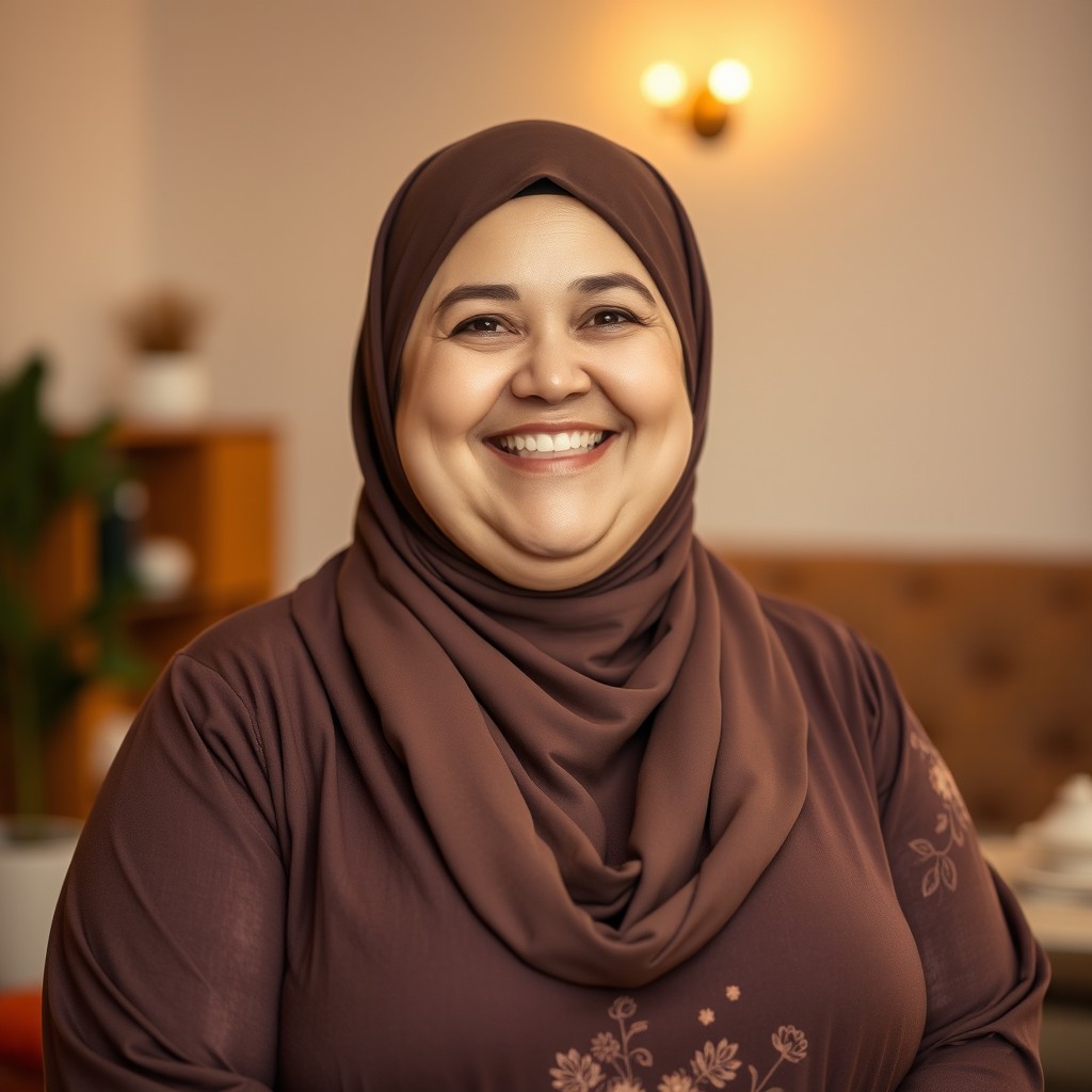 A joyful 45-year-old plus-sized Caucasian woman with a radiant smile