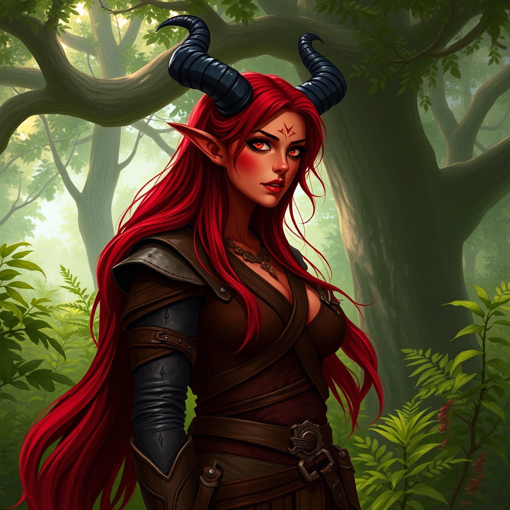 A full-body, illustrative depiction of a female Druid Tiefling with striking red skin and rich dark red hair flowing down her shoulders
