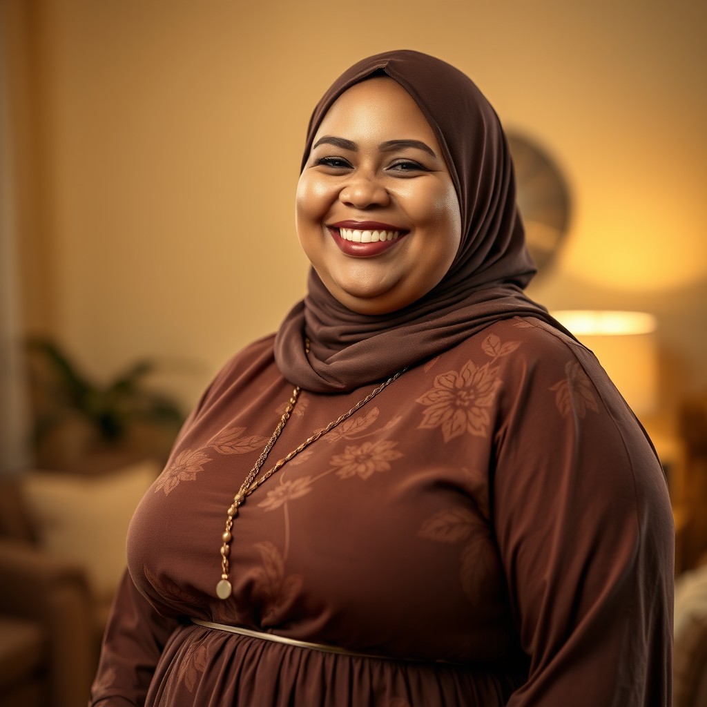 A happy 45-year-old plus-sized Caucasian woman with a bright smile