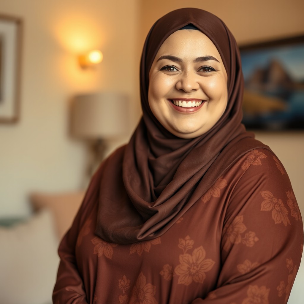 A happy 45-year-old plus-sized Caucasian woman with a radiant smile