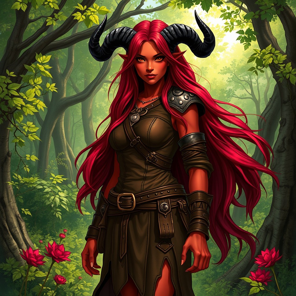 A full-body, illustrative depiction of a female Druid Tiefling with striking red skin and flowing burgundy hair that cascades down her back