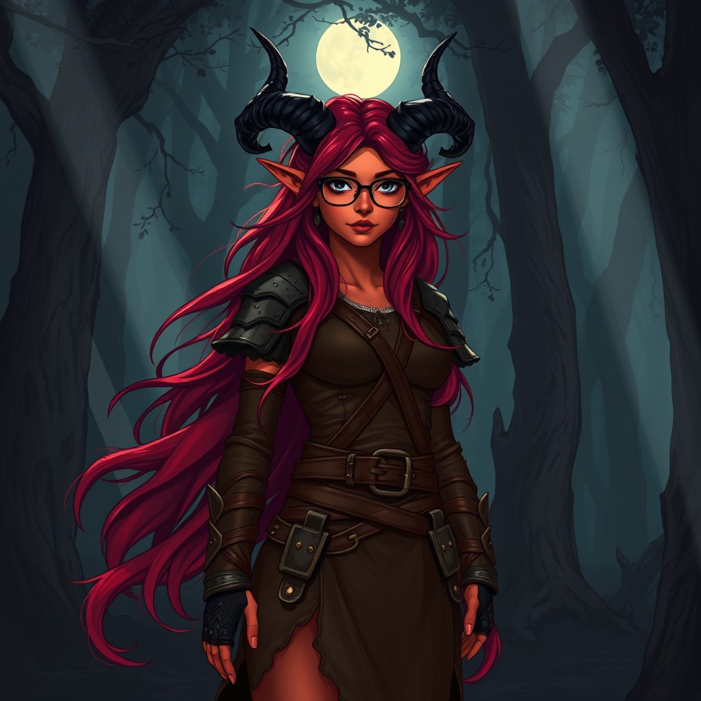 A full-body, illustrative depiction of a female Druid Tiefling with vibrant red skin and flowing burgundy hair that cascades around her shoulders