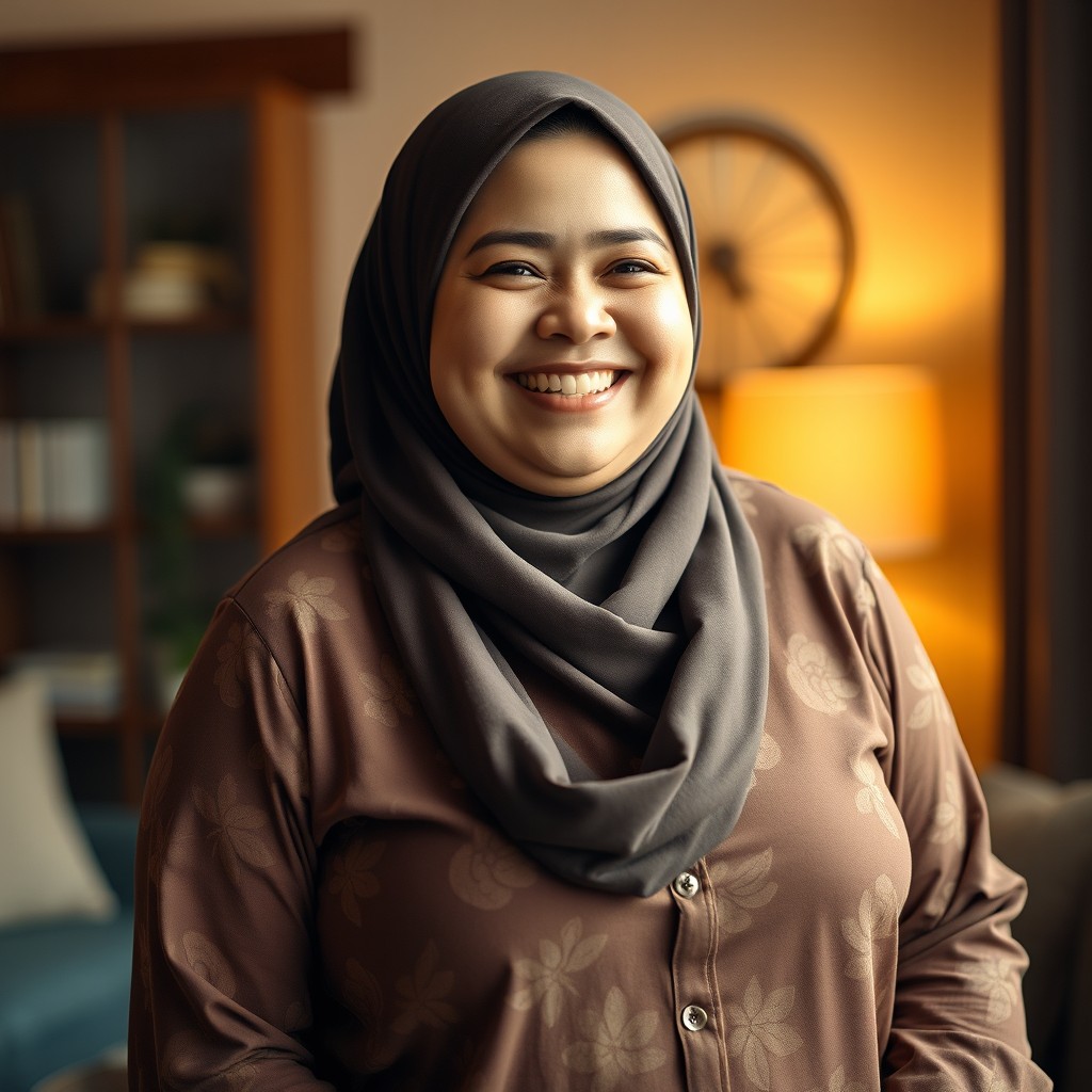 A cheerful 45-year-old plus-sized Caucasian woman with a bright smile