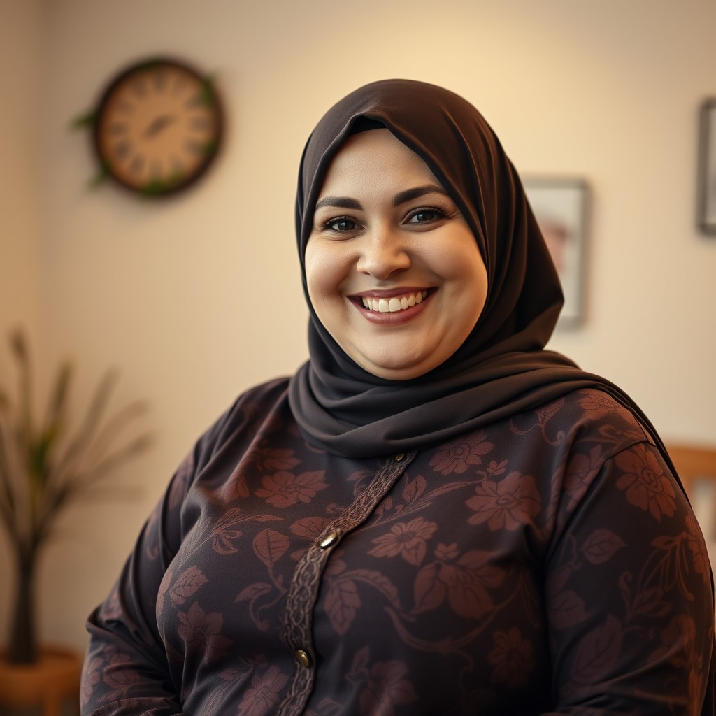 A cheerful 45-year-old plus-sized Caucasian woman with a bright smile