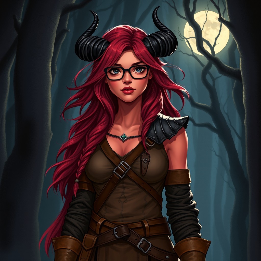A full-body, illustrative depiction of a female Druid Tiefling with vibrant red skin and flowing burgundy hair that cascades around her shoulders