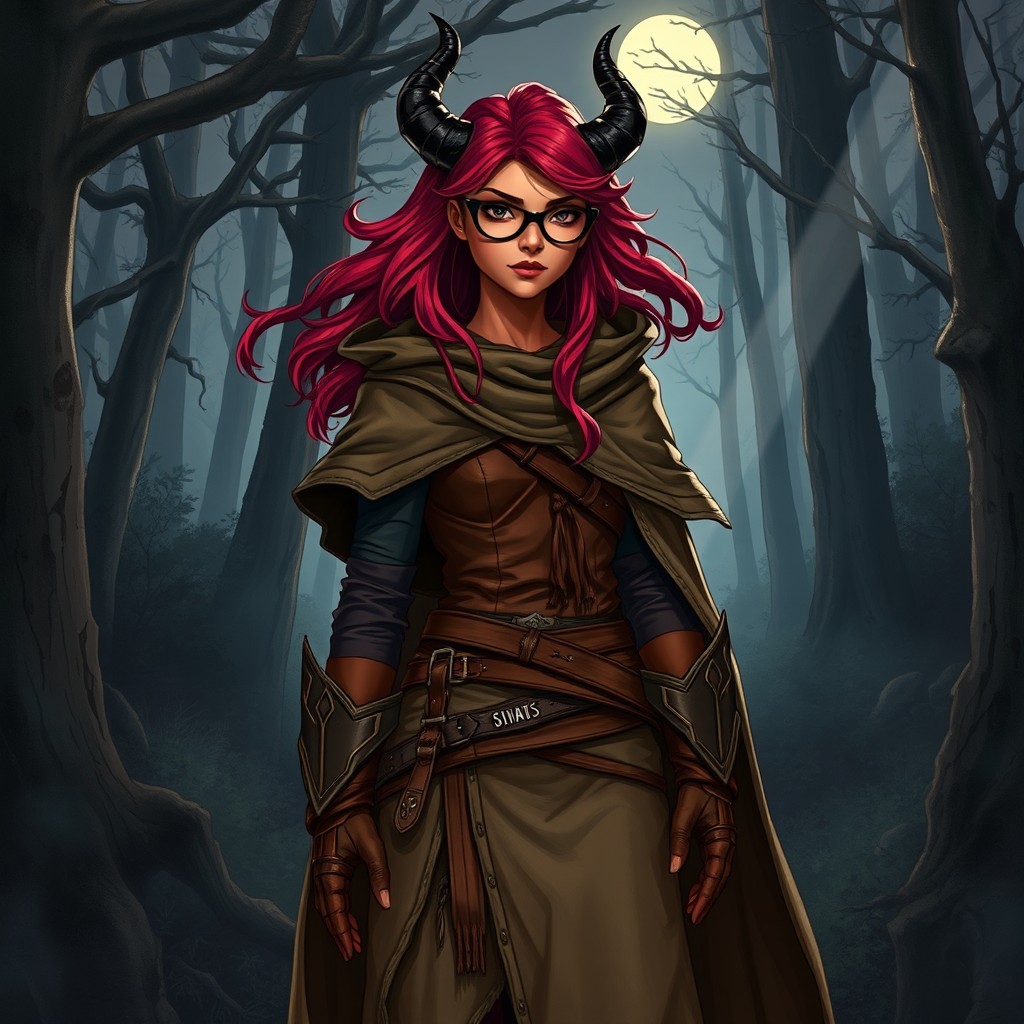 A full-body, illustrative depiction of a female Druid Tiefling with striking red skin and flowing burgundy hair adorned with a stylish cloak that billows gently around her