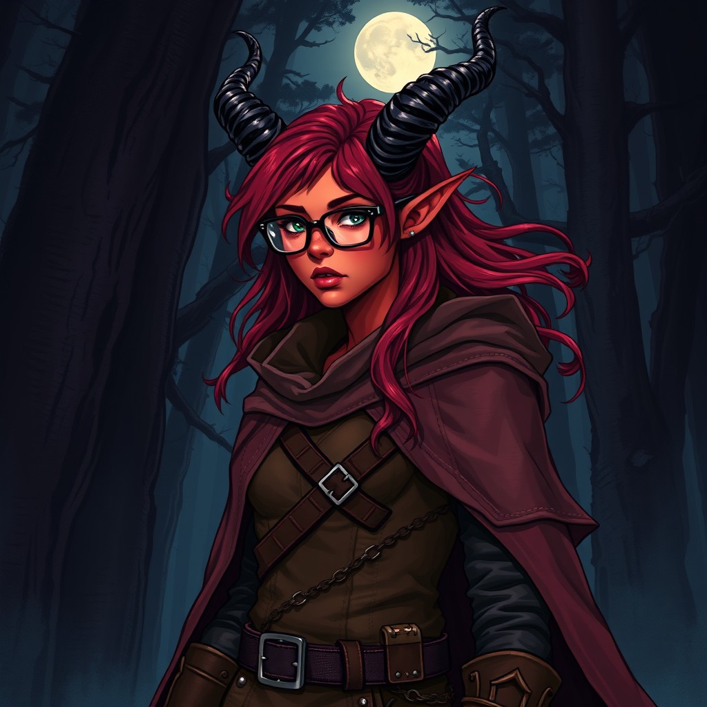 A full-body, illustrative depiction of a female Druid Tiefling with an enchanting dark aesthetic, featuring vibrant red skin and flowing burgundy hair