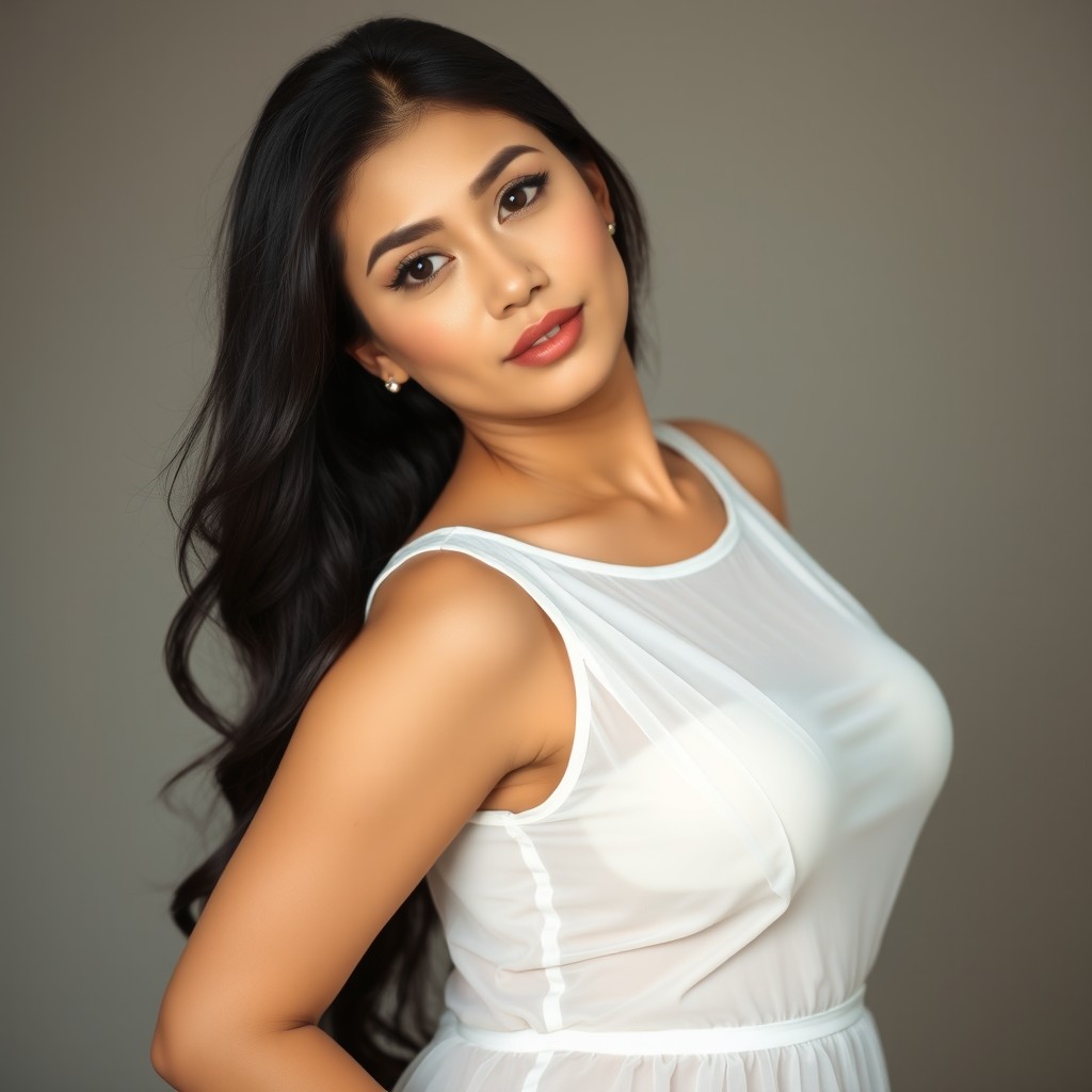 A beautiful woman from Surabaya with a prominent nose, fair skin, and long black hair
