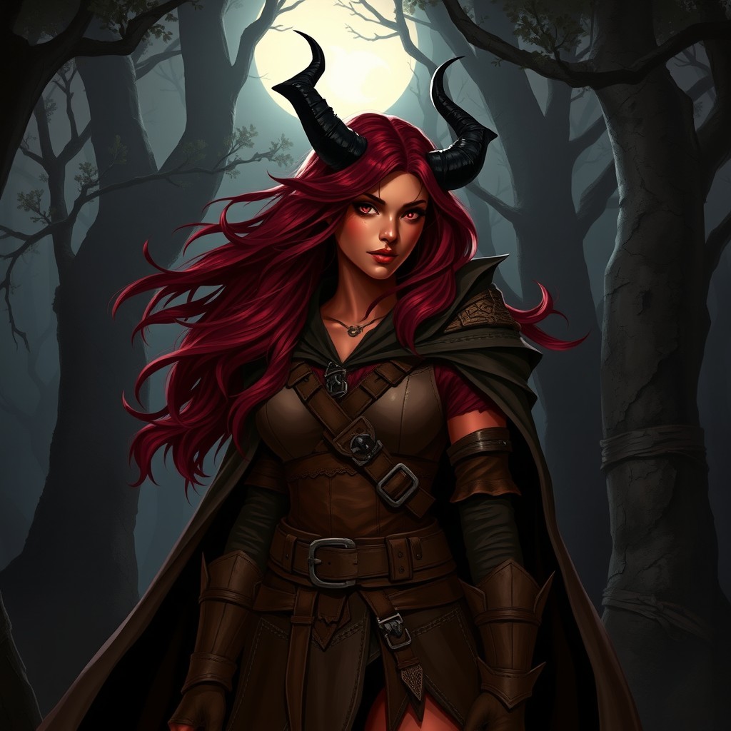 A full-body, illustrative portrayal of a female Druid Tiefling, characterized by her dark red skin and flowing burgundy hair
