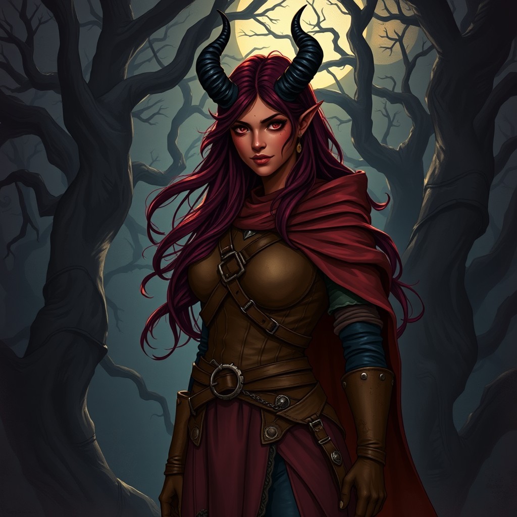 A full-body, illustrative portrayal of a female Druid Tiefling, showcasing her striking dark red skin and flowing burgundy hair