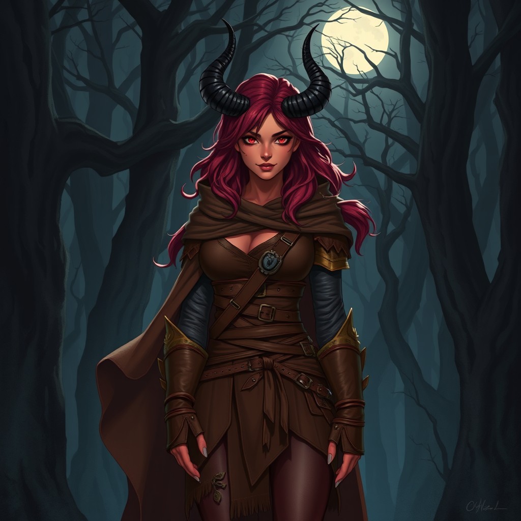 A full-body, illustrative representation of a female Druid Tiefling, showcasing her captivating dark-red skin and a cascade of burgundy hair