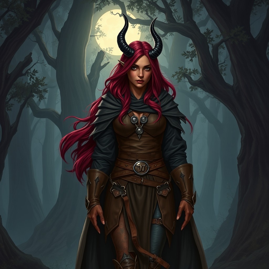 A full-body, illustrative depiction of a female Druid Tiefling, showcasing her distinctive dark red skin and flowing burgundy hair
