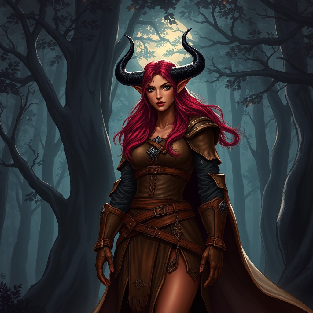 A full-body, illustrative depiction of a female Druid Tiefling, characterized by her vibrant red skin and flowing burgundy hair
