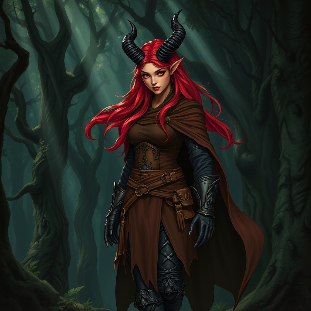 A full body illustration of a female Tiefling druid in a dark, enchanting forest