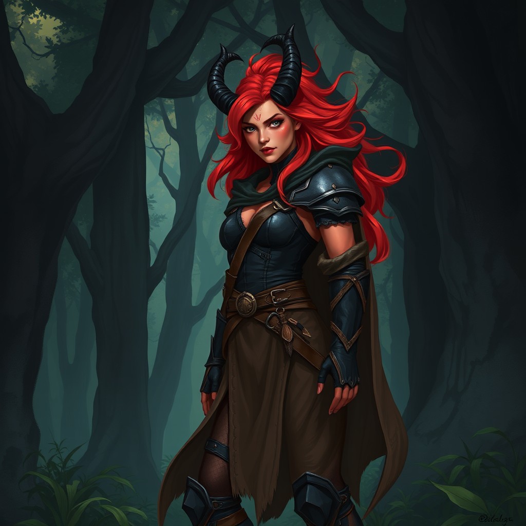A full body illustration of a female Tiefling druid in a shadowy forest