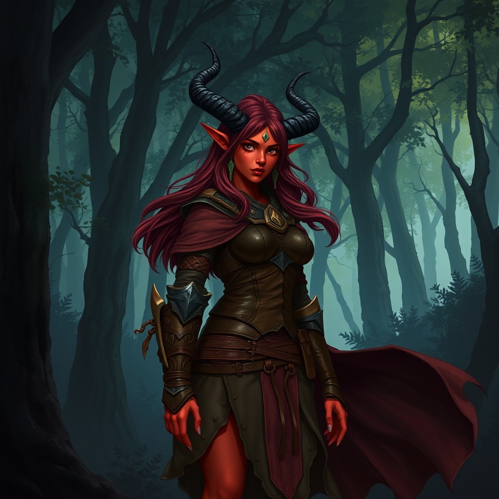 A full body illustration of a female Tiefling druid in a dark, enchanting forest