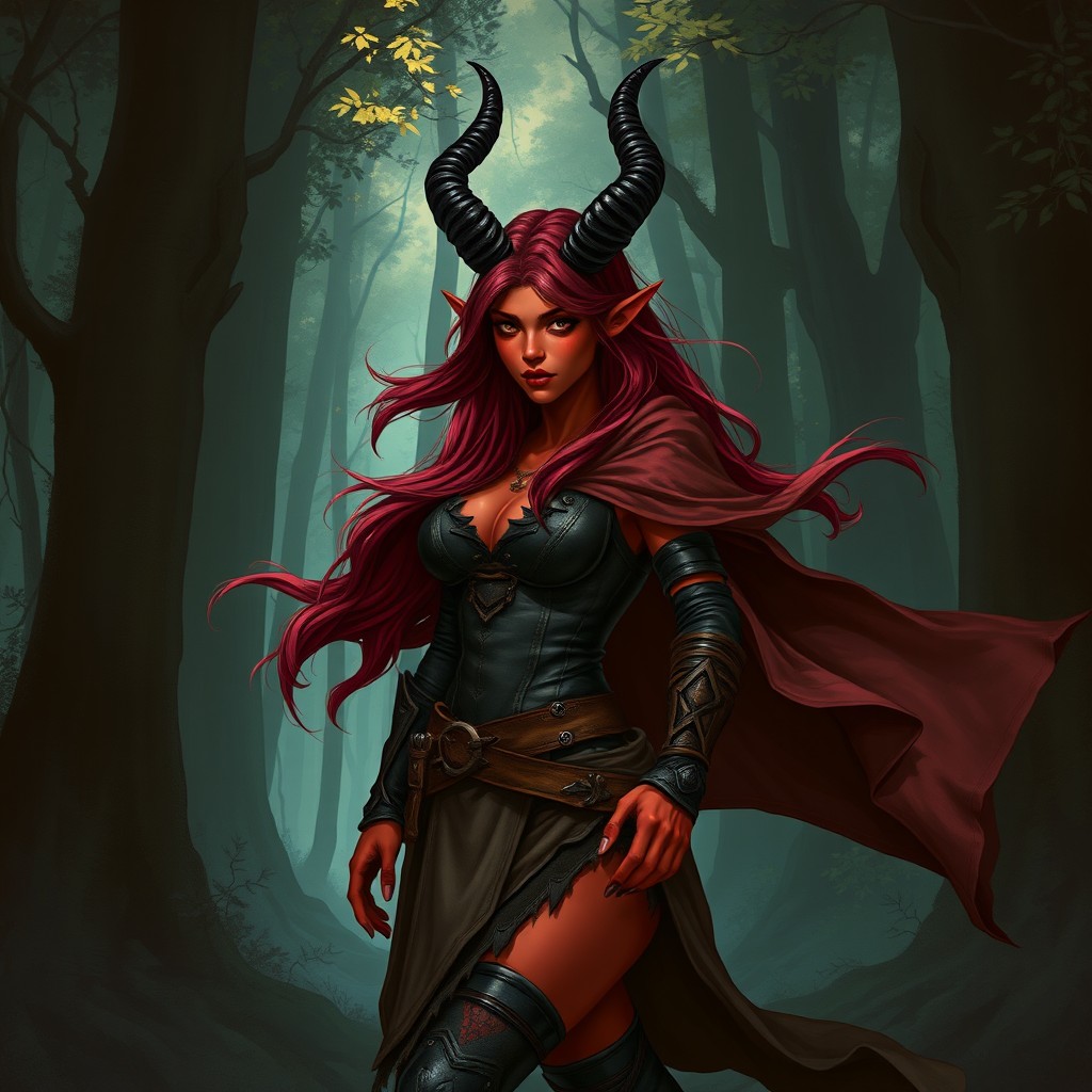 A full body illustration of a female Tiefling in a shadowy forest, showcasing her striking red skin and elegant black horns that gracefully twist from her forehead